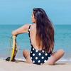 Women One Piece Swimsuit Polka Dot Print Leaf Pattern Zip Front Backless Shoulder Strap Swimwear
