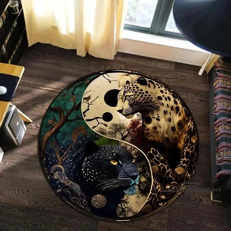 Animal Art Style Round Carpet 3D Printed Coiling Dragon Crouching Tiger Lion Pattern Children's Study Room Floor Mat