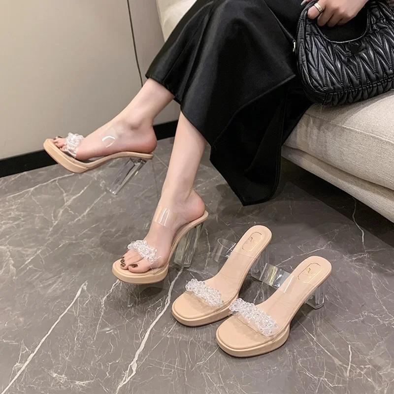 Women's Summer round Toe Square Heel Breathable High Heel Slippers Elegant Sexy PVC Crystal Fashion Shoes