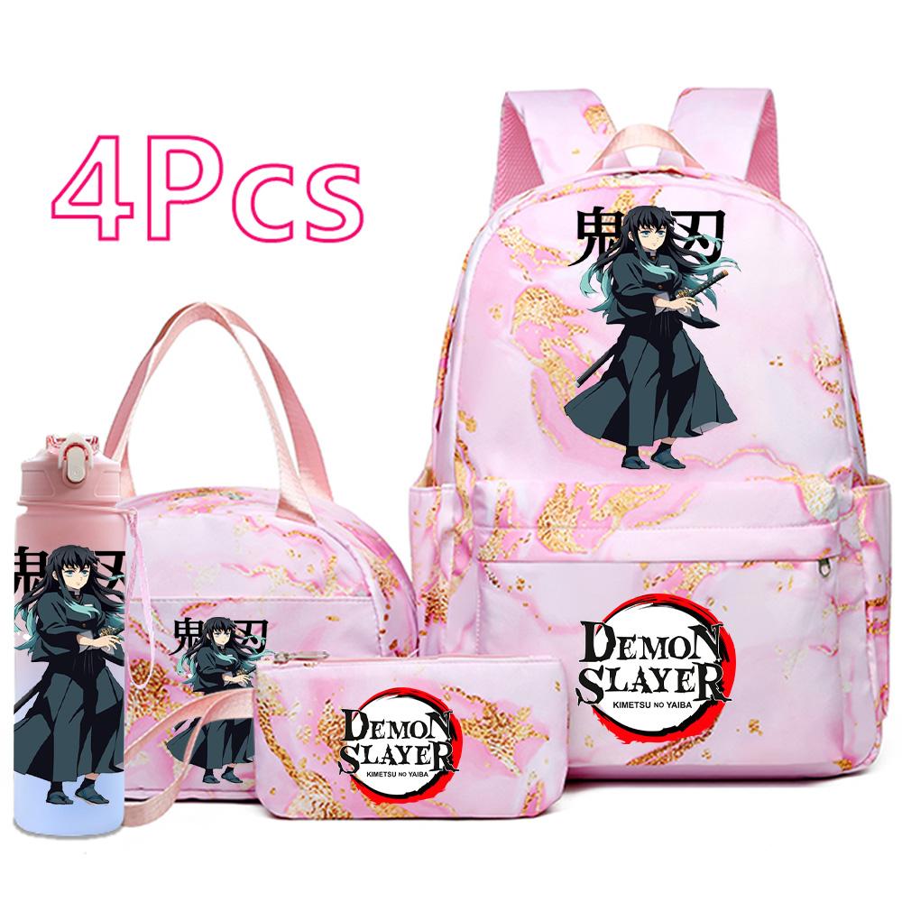 4ks/sada Anime Demon Slayer Tištěný Batoh Kabelka Pouzdro na tužky 750ml Láhev na vodu pro Dospívajícího Chlapce Dívku Školní taška Velkokapacitní Vodotěsná Taška na knihy