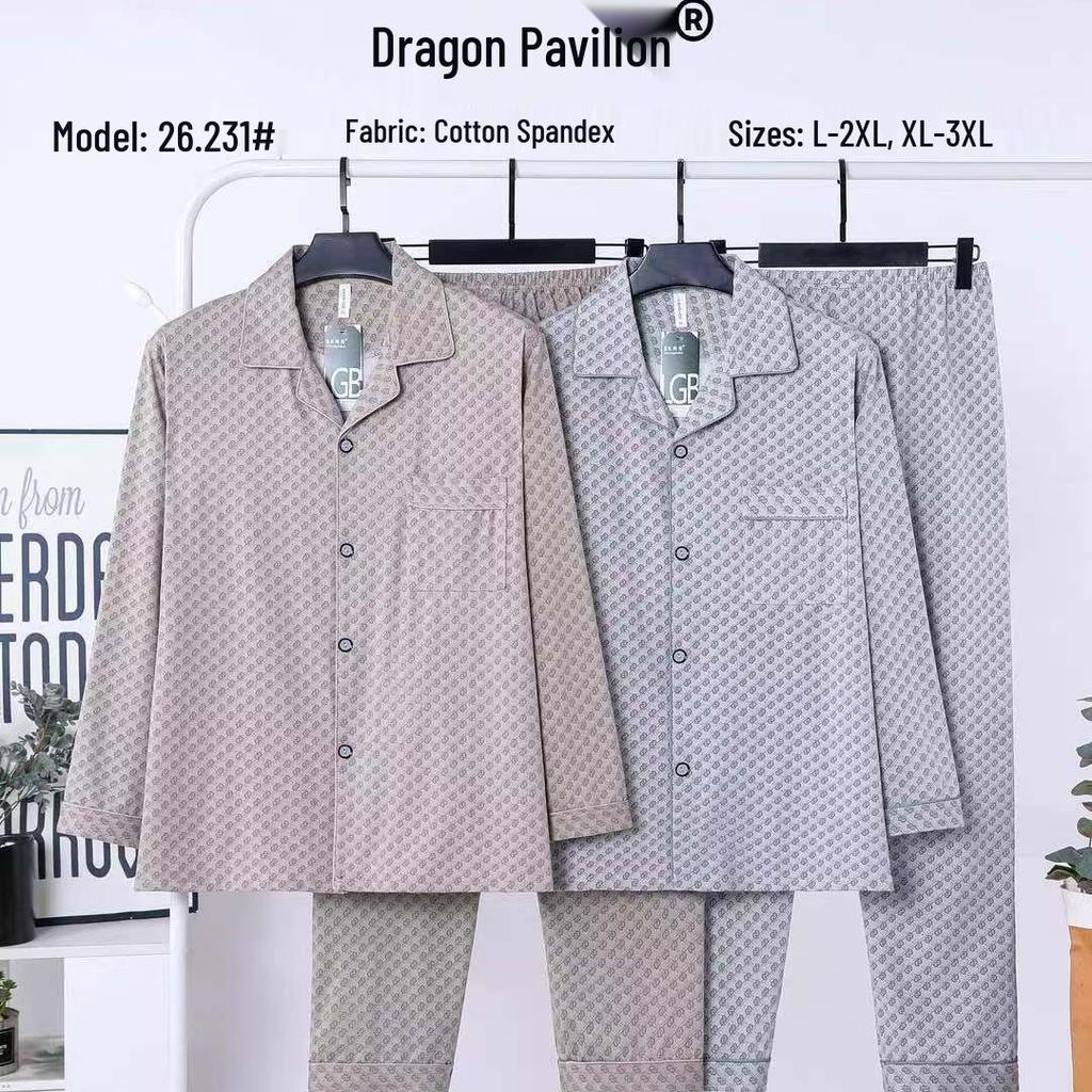 Dragon Pavilion Vier-Jahreszeiten-Langarmpyjama-Set für Herren – Baumwoll-Lycra-Mischgewebe, Umlegekragen, lockere Passform