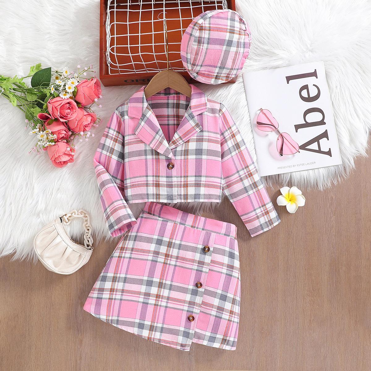 

Повсякденний костюм для дівчаток, осінній дитячий модний костюм з довгими рукавами, куртка + картата спідниця + берет 9-10Y рожевий