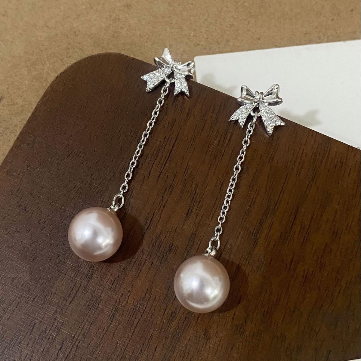 Exquisite French Zircon Bow Tassel Rose Pearl Stud Earrings