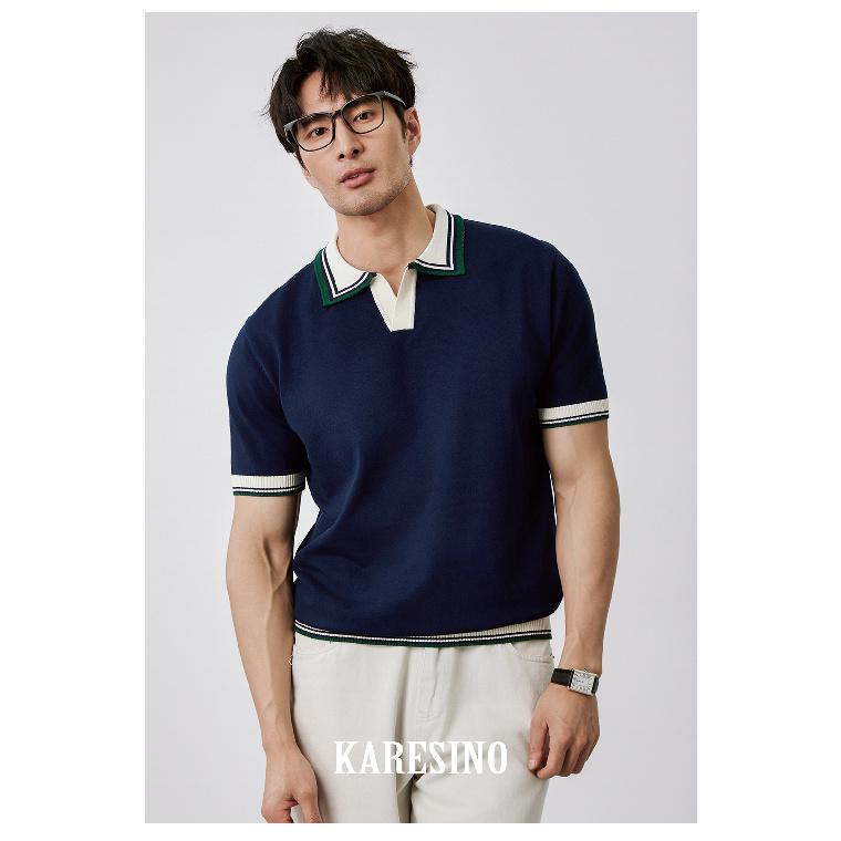 

Мужская футболка-поло в стиле лайт-люкс с цветными блоками, с коротким рукавом, летняя, тонкая вязаная, приталенного силуэта, деловая кэжуал, стильная, с отложным воротником M сапфир синий