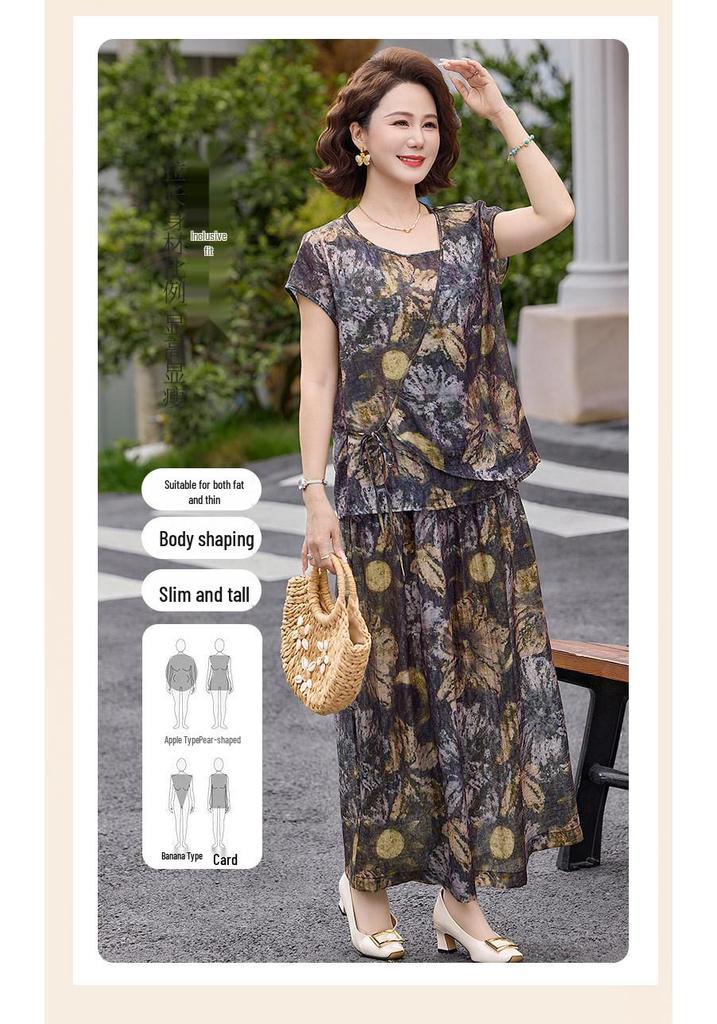 Elegant Plus Size Summer Short Sleeve Two-Piece Set for Middle-Aged Women 2026