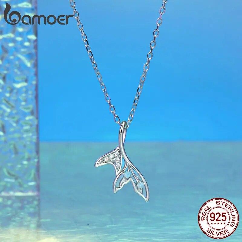 BAMOER White Gold Plated Fish Tail Necklace for Women, 925 Sterling Silver Nano Opal Heart Necklace