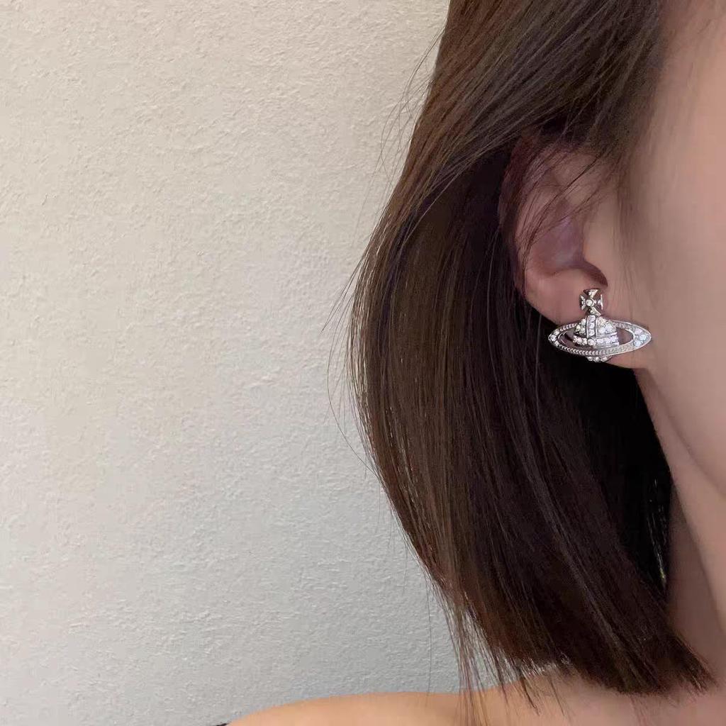 Classic Saturn Stud Earrings: Westwood-Style Full Diamond Planet Design