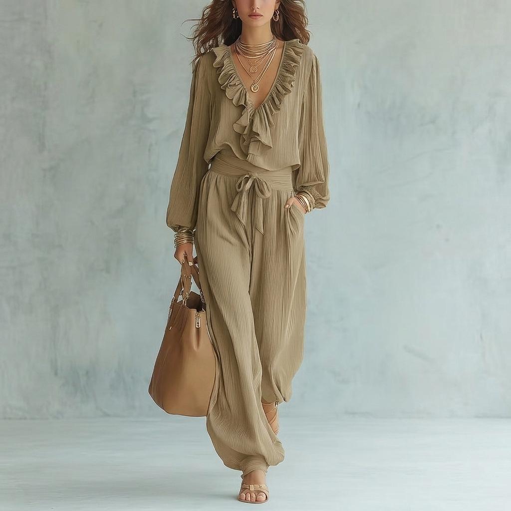 Tuta da donna con scollo a V, maniche lunghe, volant, vita alta, cintura da annodare, caviglie con polsini, per uso casual quotidiano