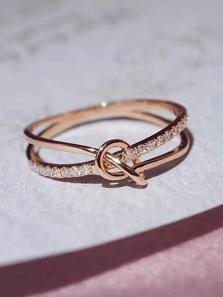Bague double nœud en argent 925 personnalisée délicate dorée pour femme Fête d'anniversaire Créativité Haute Qualité Bijoux Fins