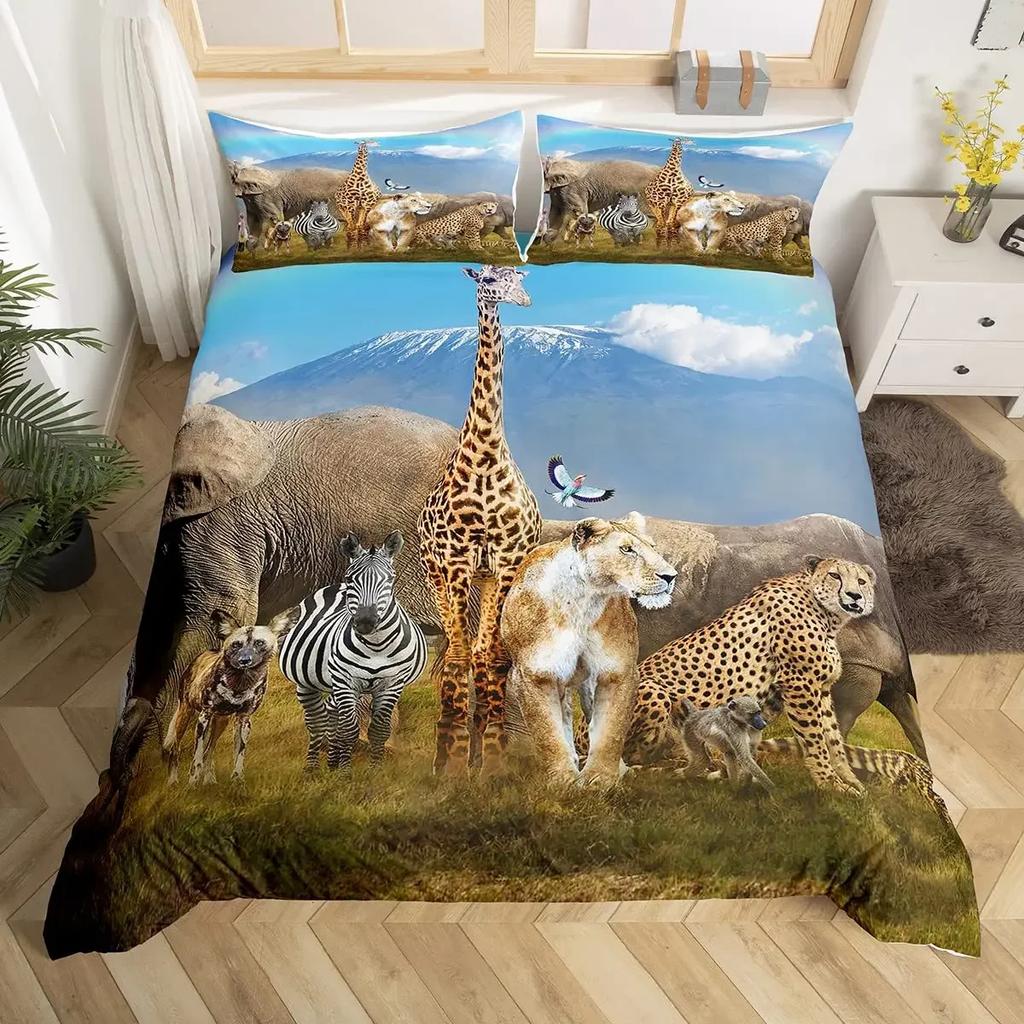 Comforter Cute Elephant Green Grass Bohemian Elephant Bedding Set Microfiber Safari Animals Comforter Twin King Size