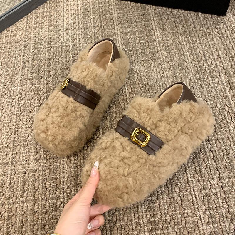 Fluffy Warm Fluffy Shoes for Women's 2025 New Winter Thick-soled Belt Buckle, Fleece Warm One-pedal Cotton Shoes