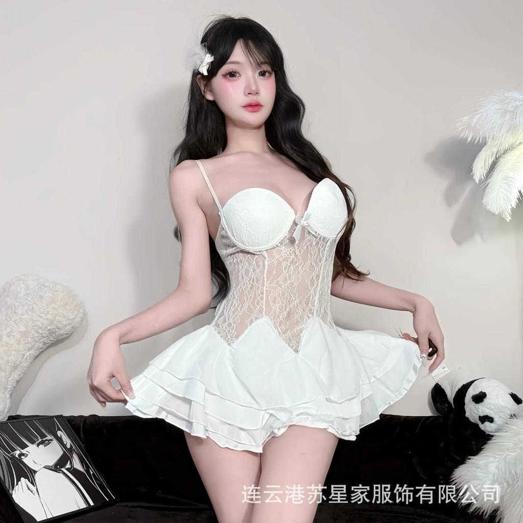 Sexy Lingerie Plus Size Sexy Deep V Lace Transparent Backless Deep V Suspenders Sleeveless Cake Dress Charming Pure Desire U64P