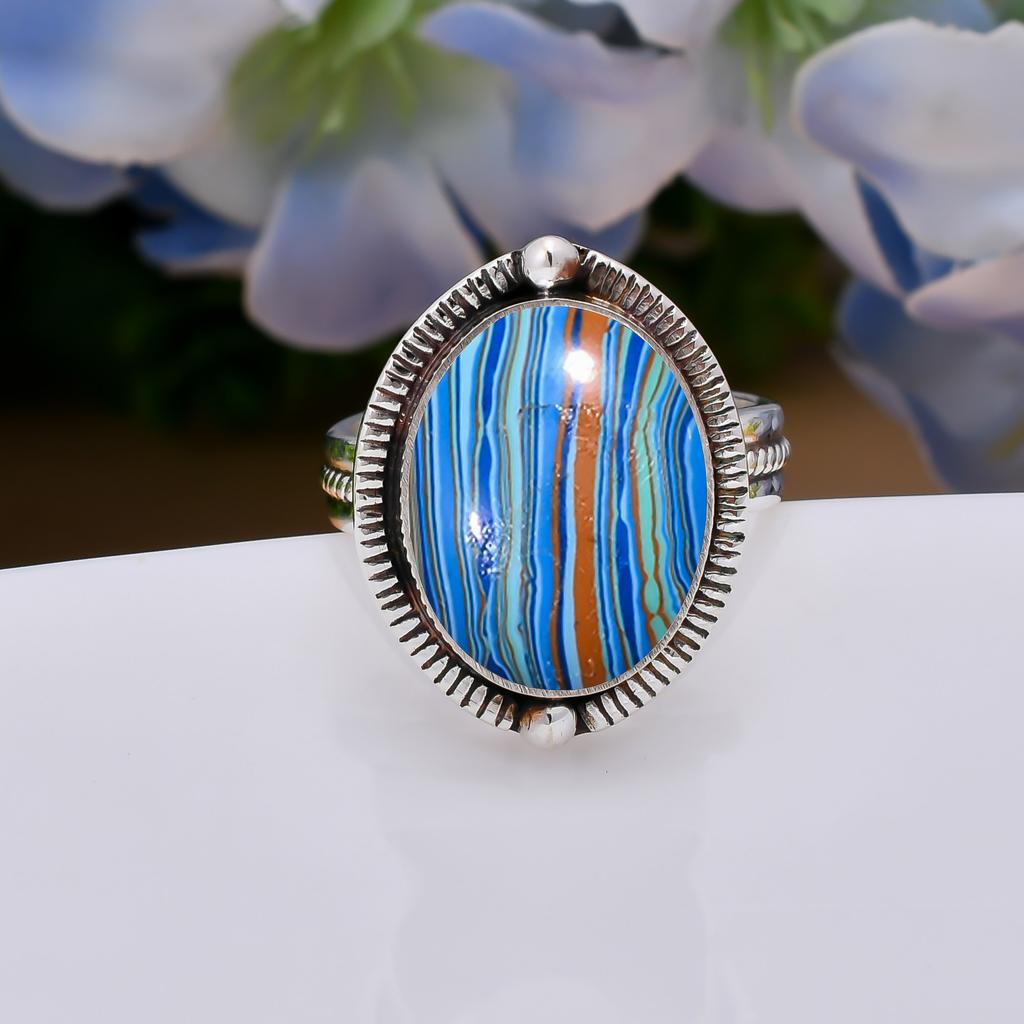 Blue Rainbow Calsilica 925 Sterling Silver Ring V5104, Blue Ring, Oval Ring, Valentin's Day Gift, Gift For Her, Birthday Gift, Handmade Jewelry, Silve