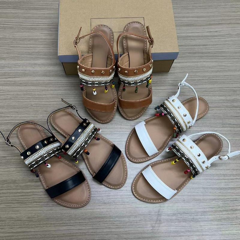 Fashion Bohemian Style Summer Leather Women Shoes 2025 Fashion Beaded and Braided Elements Flat Bottom Brand Casual Ladies Sandals