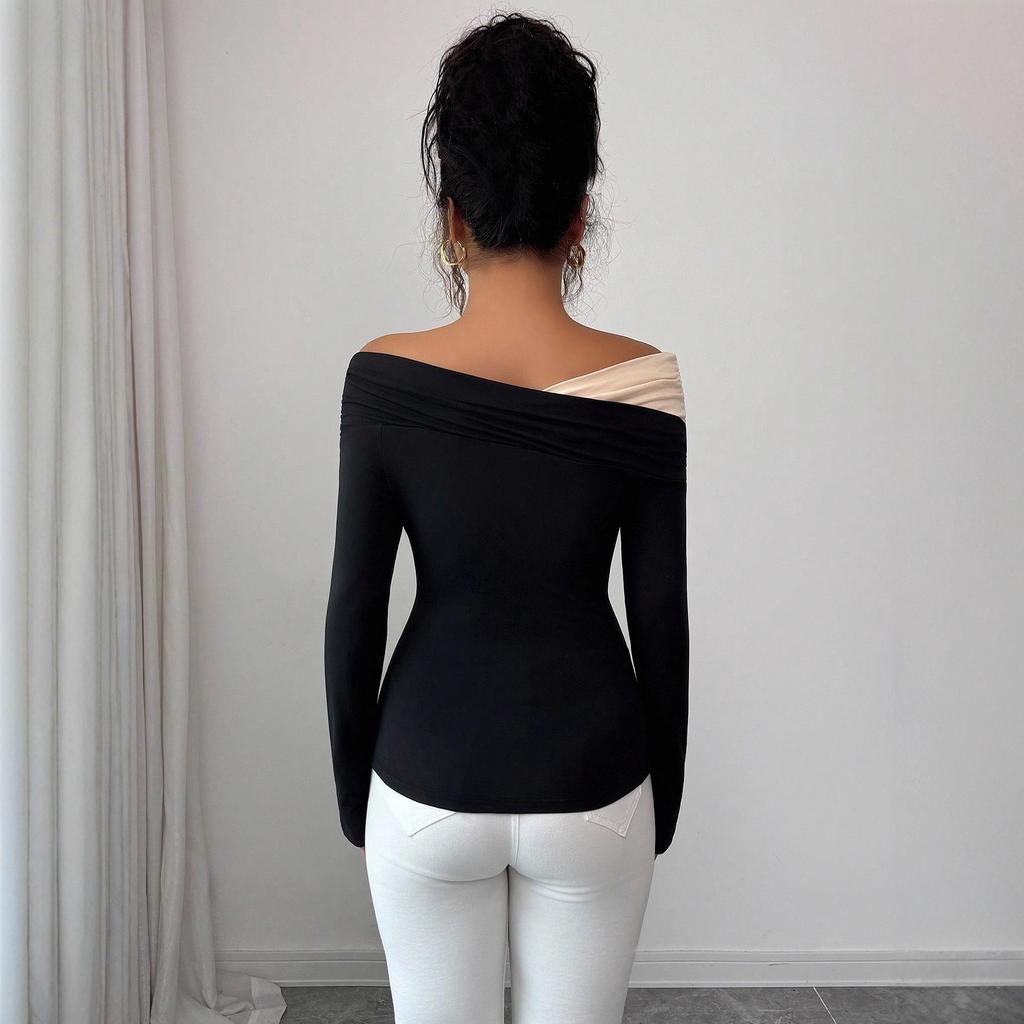 Autumn Winter Color Block Off Shoulder Irregular Ruffle Hem Slim Long Sleeve Top Fashion Daily Basic Office Lady Casual Slim Fit Ladies Elegant Top