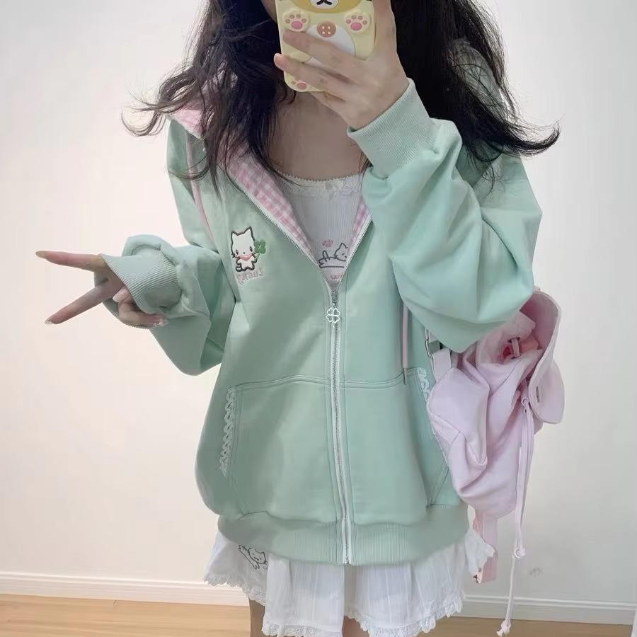 Y2k Hoodies Green Kawaii Cat Floral Print Hooded Zip-up Woman Sweatshirts Pink Thin Jacket Spring Autumn Clothes Cute Streetwear