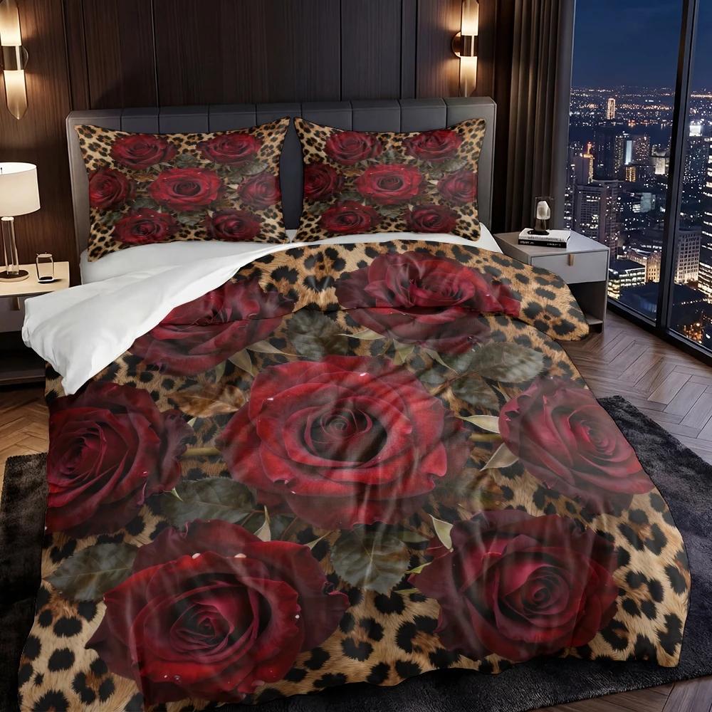 Zestaw 3-częściowy Czerwona Róża Wzór Lamparta Zestaw Kołdry na Walentynki, Zawierający 1 Poszewkę na Kołdrę i 2 Poszewki na Poduszki (z wyłączeniem wyściółki)