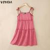 VONDA Women's Sleeveless Sling Plaid Casual Loose Pleated Tank Dress