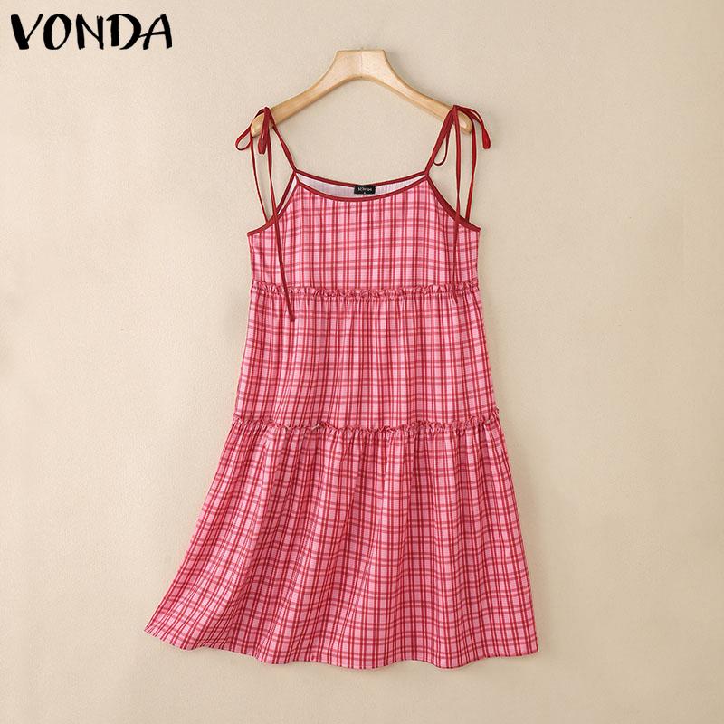 VONDA Women's Sleeveless Sling Plaid Casual Loose Pleated Tank Dress