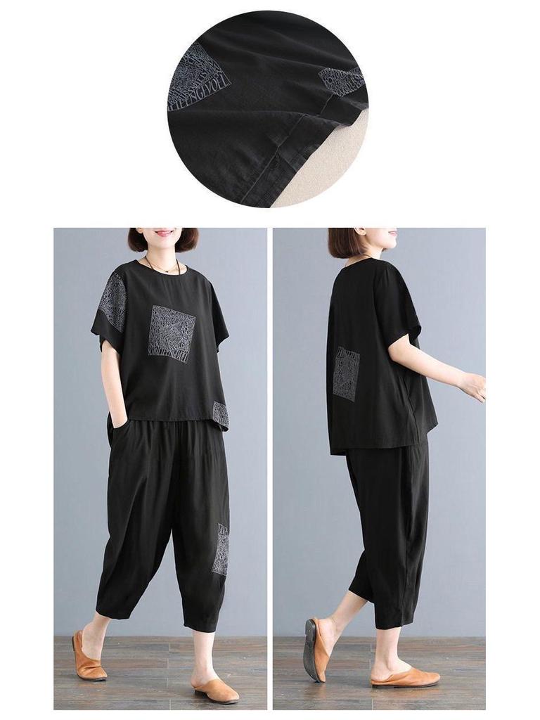 2025 Casual Plus-Size Summer Two-Piece Set: Loose Short-Sleeved Top & Trousers