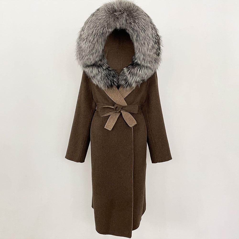 OFTBUY Winter Women Coat Real Natural Fox Fur Hooded Detachable Collar Double-faced Woolen Jacket Long Casual Elegant Overwears