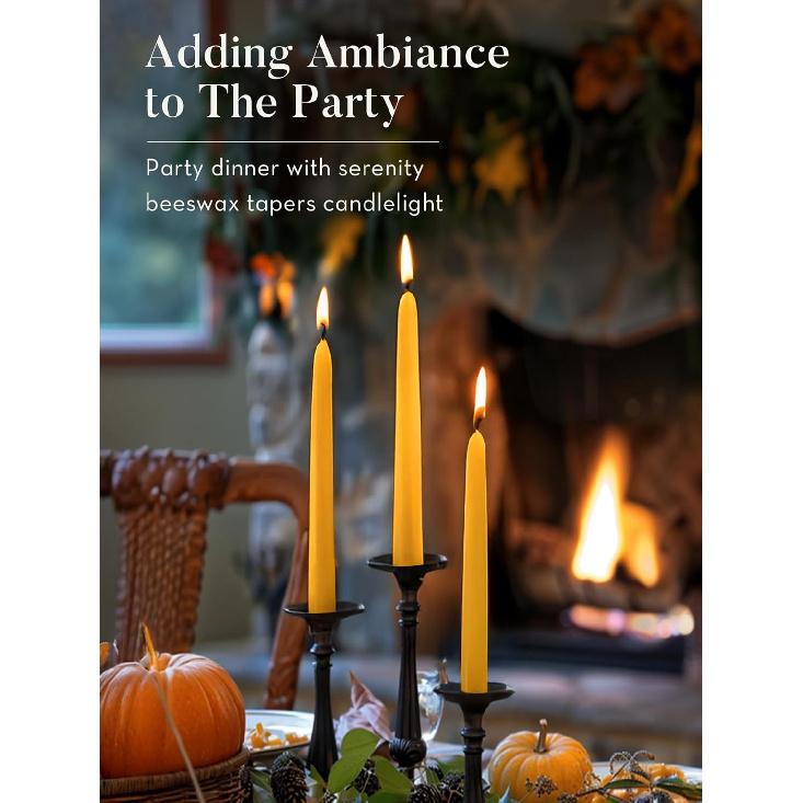 6 Pack Beeswax Taper Candles, 8 Inch Natural Beeswax Candles Unscented and Smokeless, 8 Hours Long Burning Yellow Candle Sticks for Dinner, Wedding,