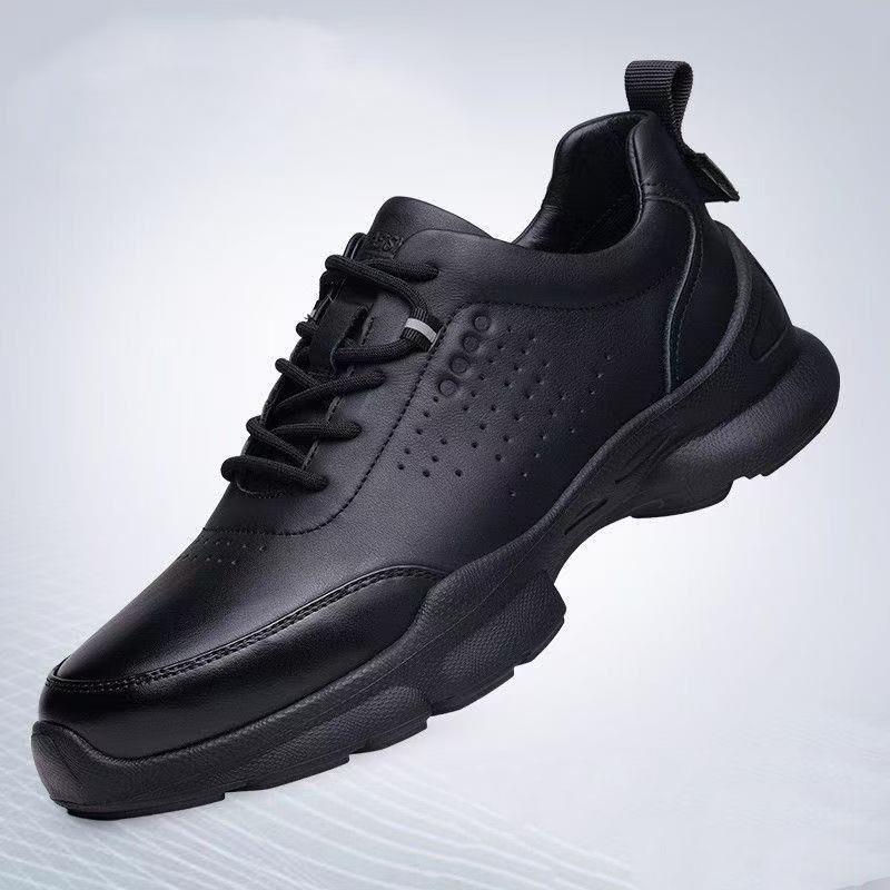 Men's Casual Breathable Leather Running Shoes - Non-slip, Thick Sole, Solid Color, Ideal for Outdoor and Business.