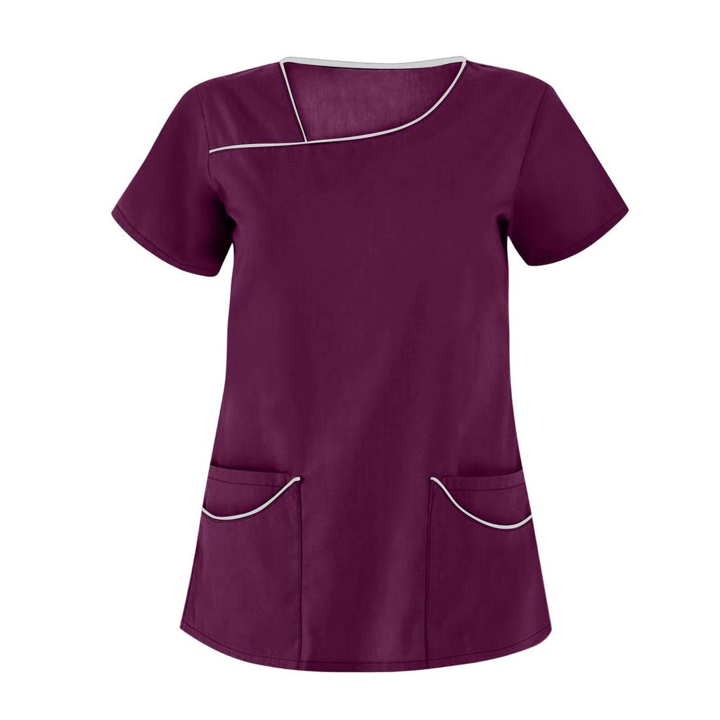 Women's Fashion Solid Short Sleeve Pattern Tops Pocket Working T-shirts