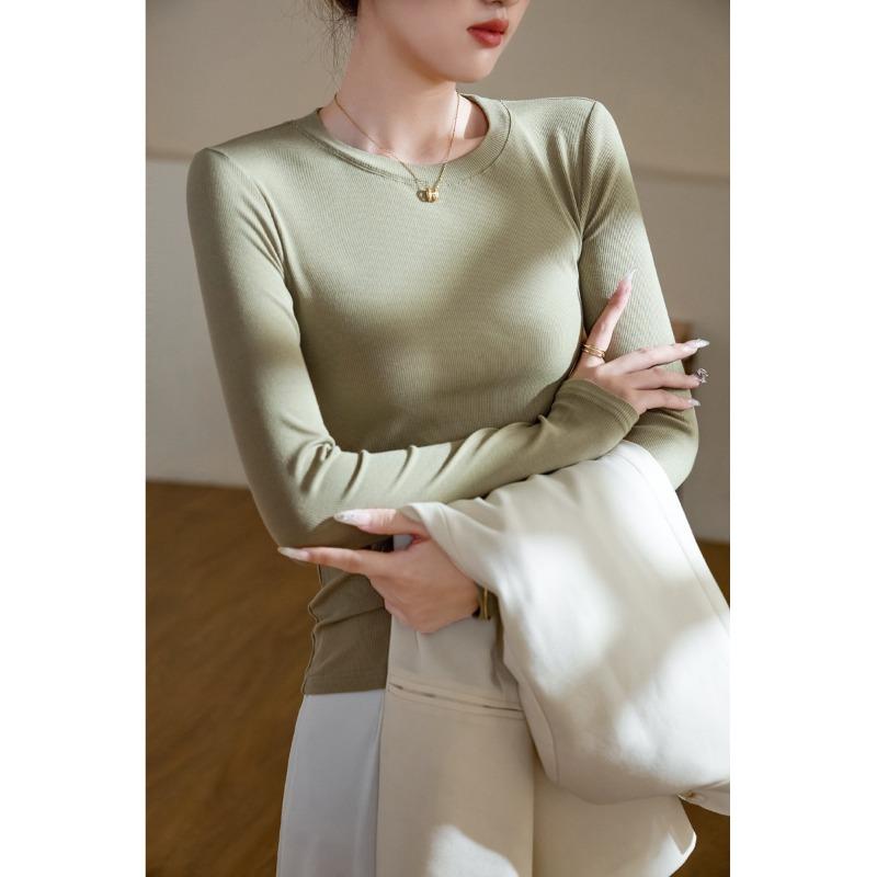 Women High Elastic Ribbed Crew Neck Long Sleeve Slim Fit Base T Shirt Top