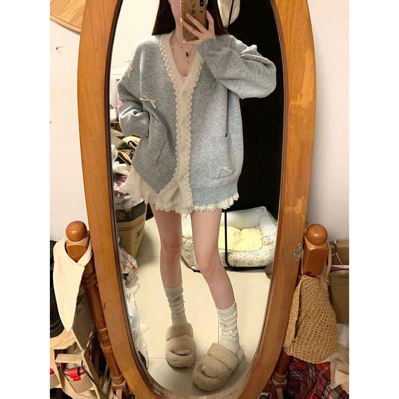 

Свободный кардиган с V-образным вырезом, верхняя одежда, вязаный свитер с кружевной отделкой Blue S