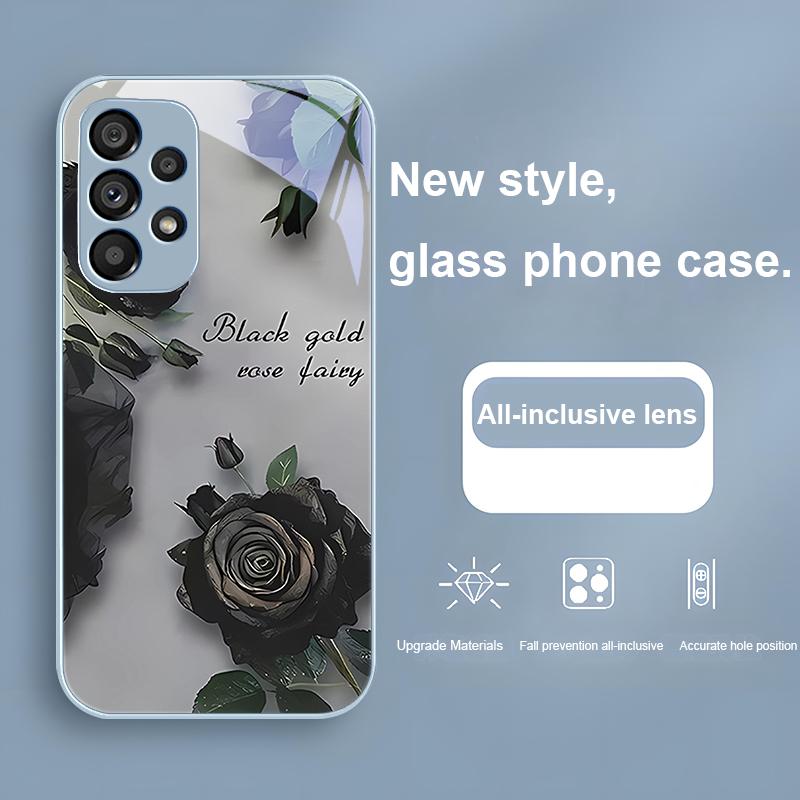 Hot Stamping Rose Black For Samsung Galaxy S24 Plus S20 21 FE S23 Ultra S8 9 A70 72 73 50 51 52 53 Tempered Glass Phone Case