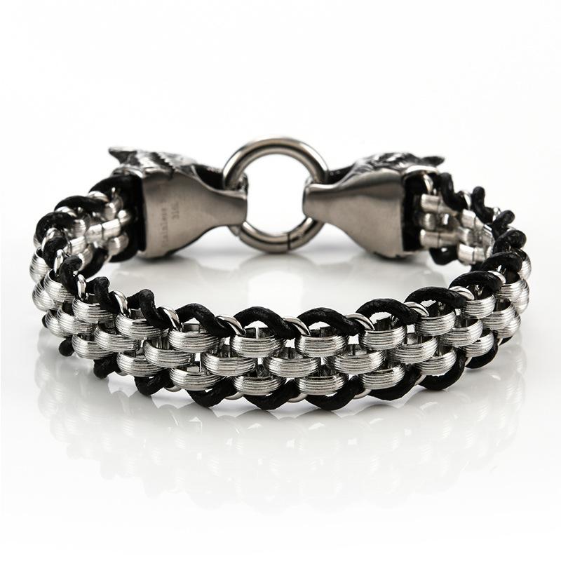 Punk Style Stainless Steel Double Wolf Head Buckle Braided Men s Bracelet, Titanium Steel Leather Bracelet