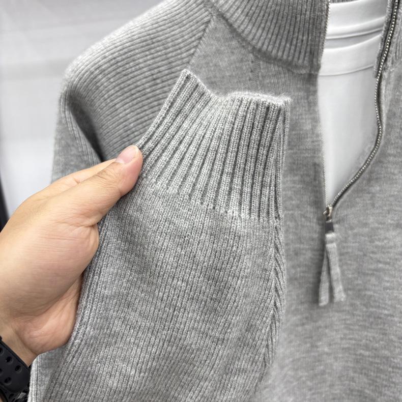 Men's Retro Jacquard Half-Zip Knit Sweater - Casual Solid Color Warm Base Layer
