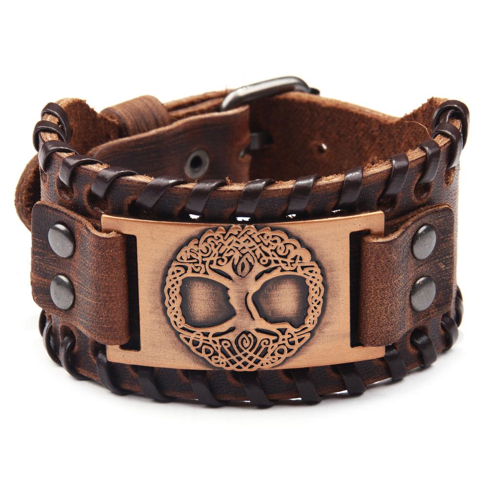 Life Tree Alloy Wide Leather Bracelet Mens Leather Jewelry