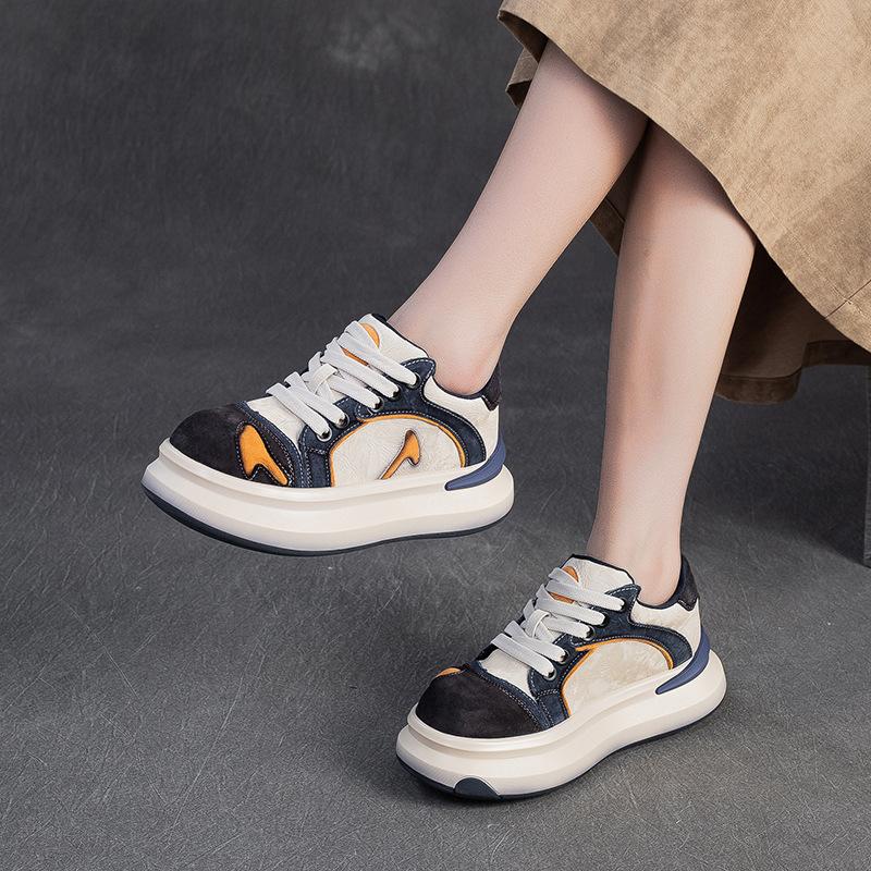 Fashion GKTINOO Lace-up Shoes Women Sneakers Genuine Leather Mixed Colors Spring Autumn Handmade Comfortable Retro Platform Sneakers