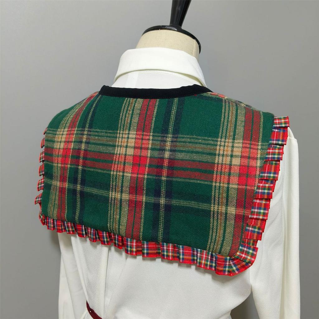 Decorative Ruffled Trim False Collar Neckline for Women Vintage Checkered Plaids Shawl Scarf Bows Tie Capelet Ponchos