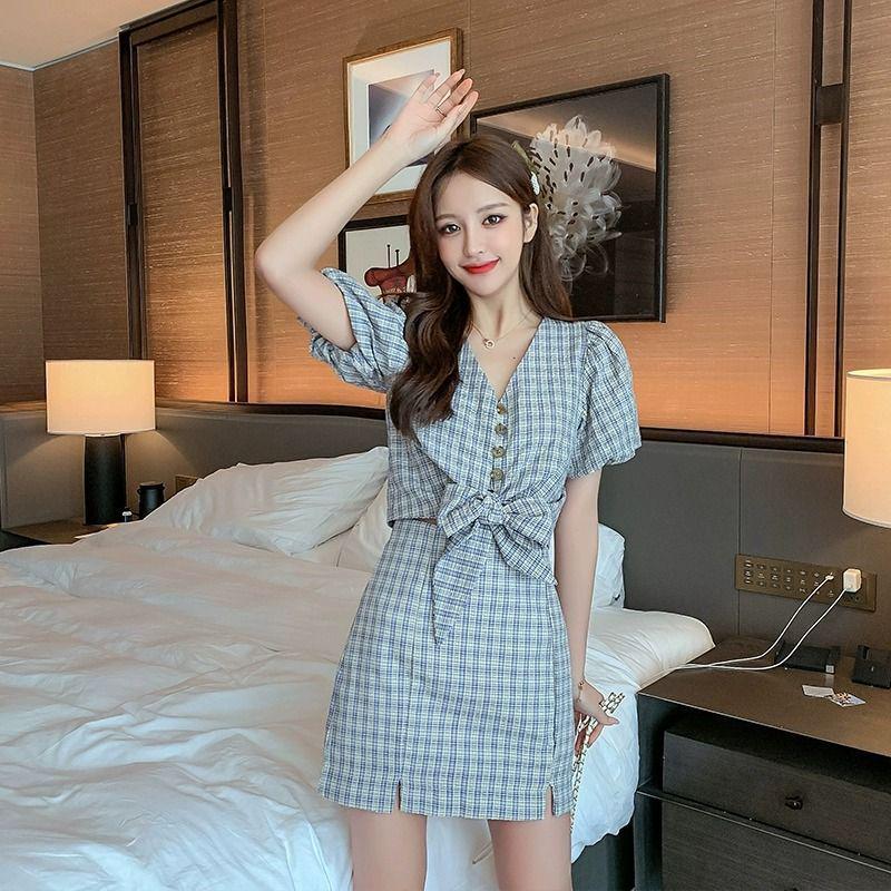 Goddess V-Neck Plaid Two-Piece: Age-Defying Summer Midi Skirt Set