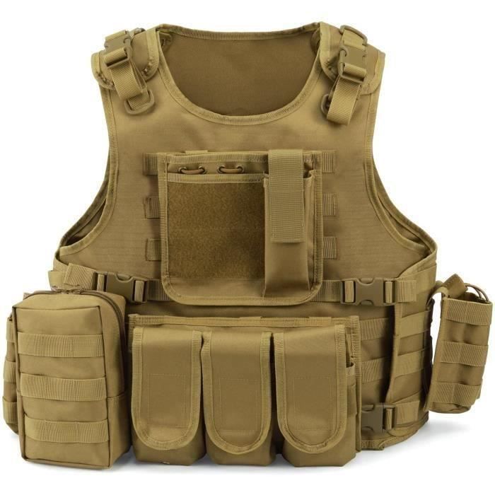 Gilet Tactique Militaire Gilet de Combat Veste Extérieure pour Airsoft Jeu CS Militaire Cosplay(Kaki) LBQ36