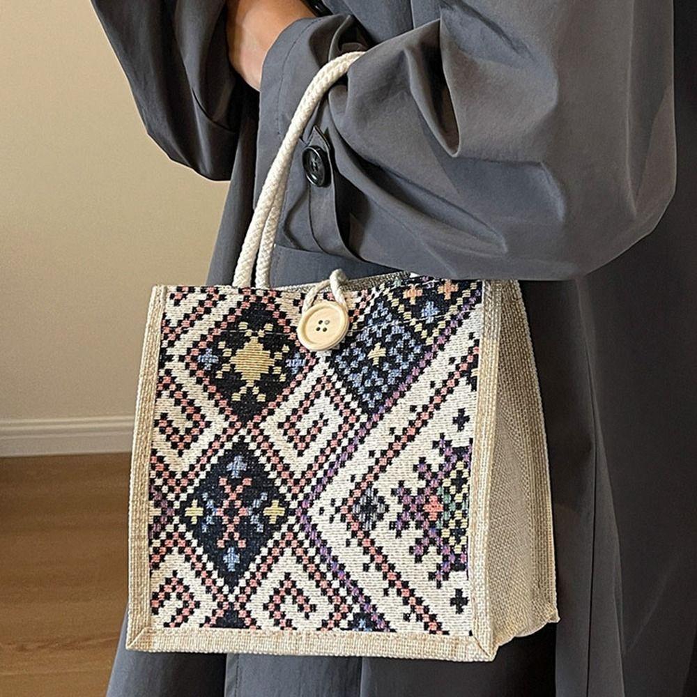 Embroidery Ethnic Style Canvas Bag Large Capacity Printing Cloth Lunch Bag Linen Handbag Picnic