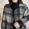 Women Check Pattern Woolen Coat Causal Loose Long Sleeves Jacket Fashion Warm Round Neck Single Breasted Buckle Outerwear Spring Autumn