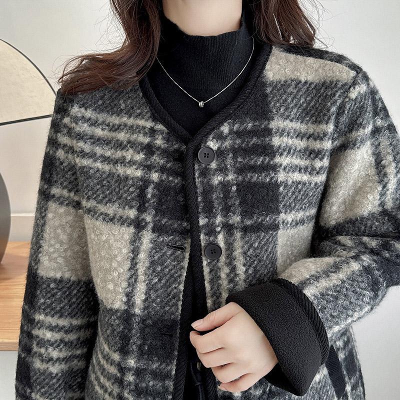 Women Check Pattern Woolen Coat Causal Loose Long Sleeves Jacket Fashion Warm Round Neck Single Breasted Buckle Outerwear Spring Autumn