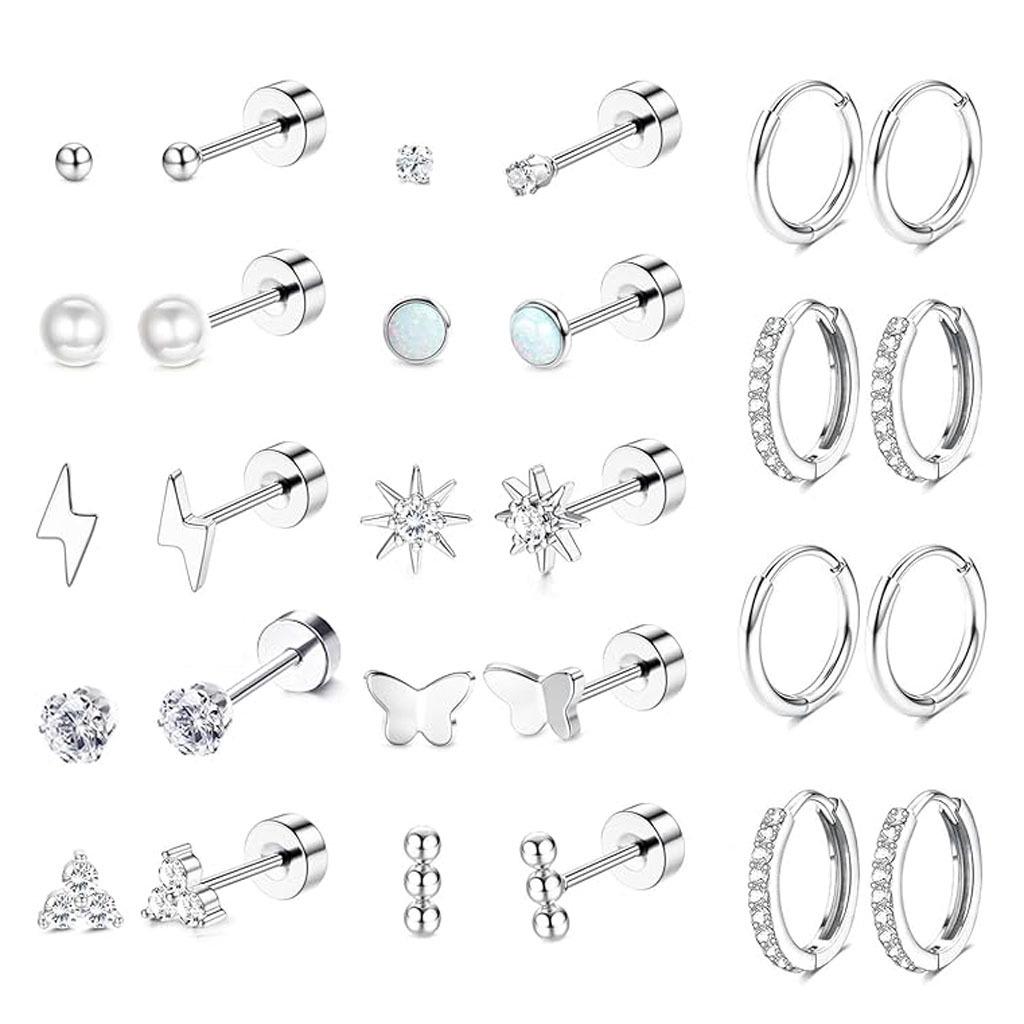 Stainless Steel European-American Style Stud & Hoop Earring Set