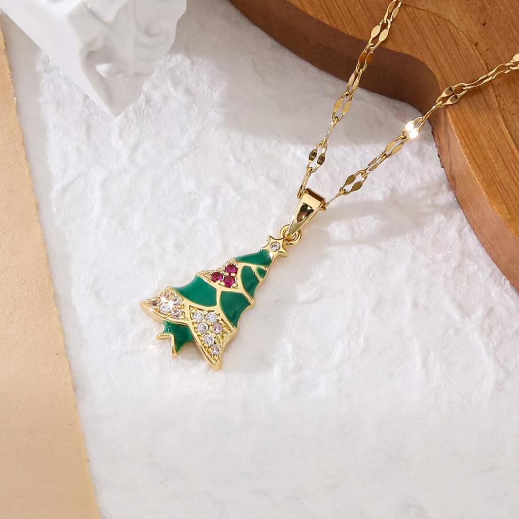 Popular Christmas Series Necklaces: Santa Claus, Peace Tree, Holiday Element Micro-Paved Drip Oil Pendant