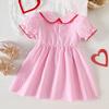 Girls' Heart Embroidery Dress with Doll Collar & Puff Sleeves