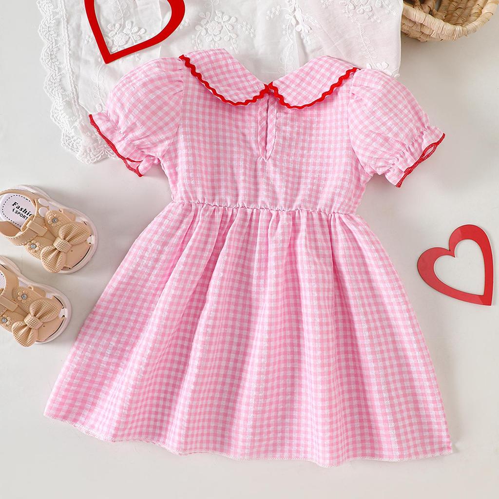 Girls' Heart Embroidery Dress with Doll Collar & Puff Sleeves