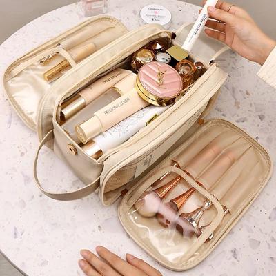 Sac à Maquillage Multifonctionnel Pour Femmes Cuir PU Grande Capacité Portable Double Fermeture Éclair Voyage Pinceaux de Maquillage Articles de Toilette Sac de Rangement
