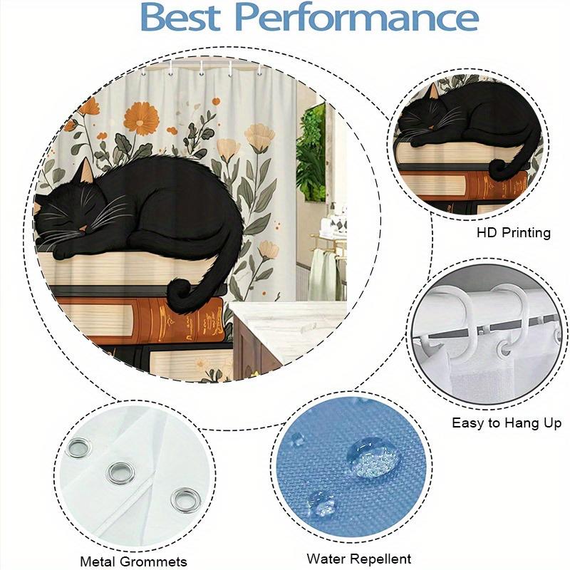 Elegant Black Cat On Books Shower Curtain - Water-Resistant, Easy To Clean, Adds A Sophisticated And Cozy Touch To Your