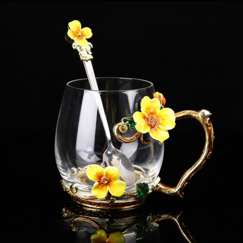New Enamel Glass Cup Mug for Coffee Flower Tea Glass Cups with spoon Home Drinkware Perfect Wedding Gift for Summer Tea Mug Set