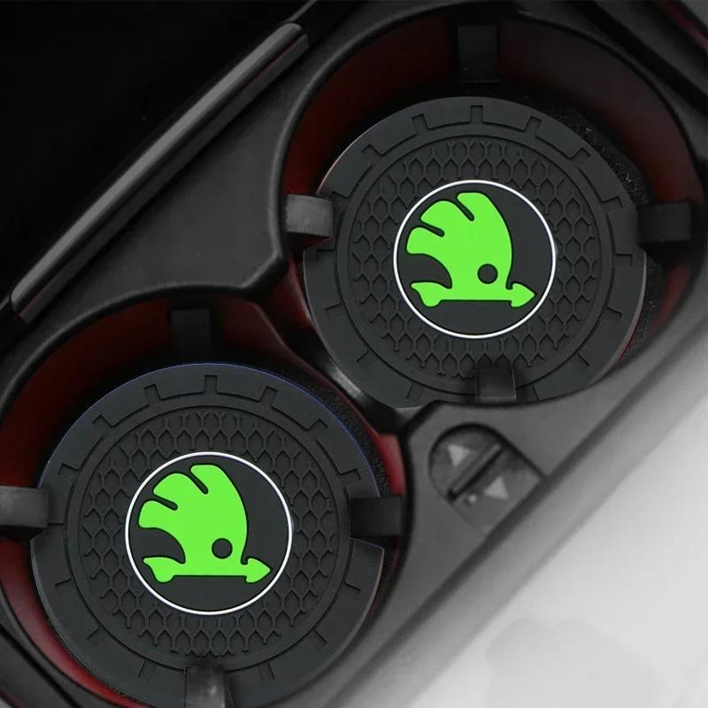CAPR9 2pcs Car Water Cup Mat PVC Anti-Slip Coaster Pads for Skoda Logo Octavia VRS Yeti Kodiaq Fabia Superb 2 3 Karoq Rapid Scala
