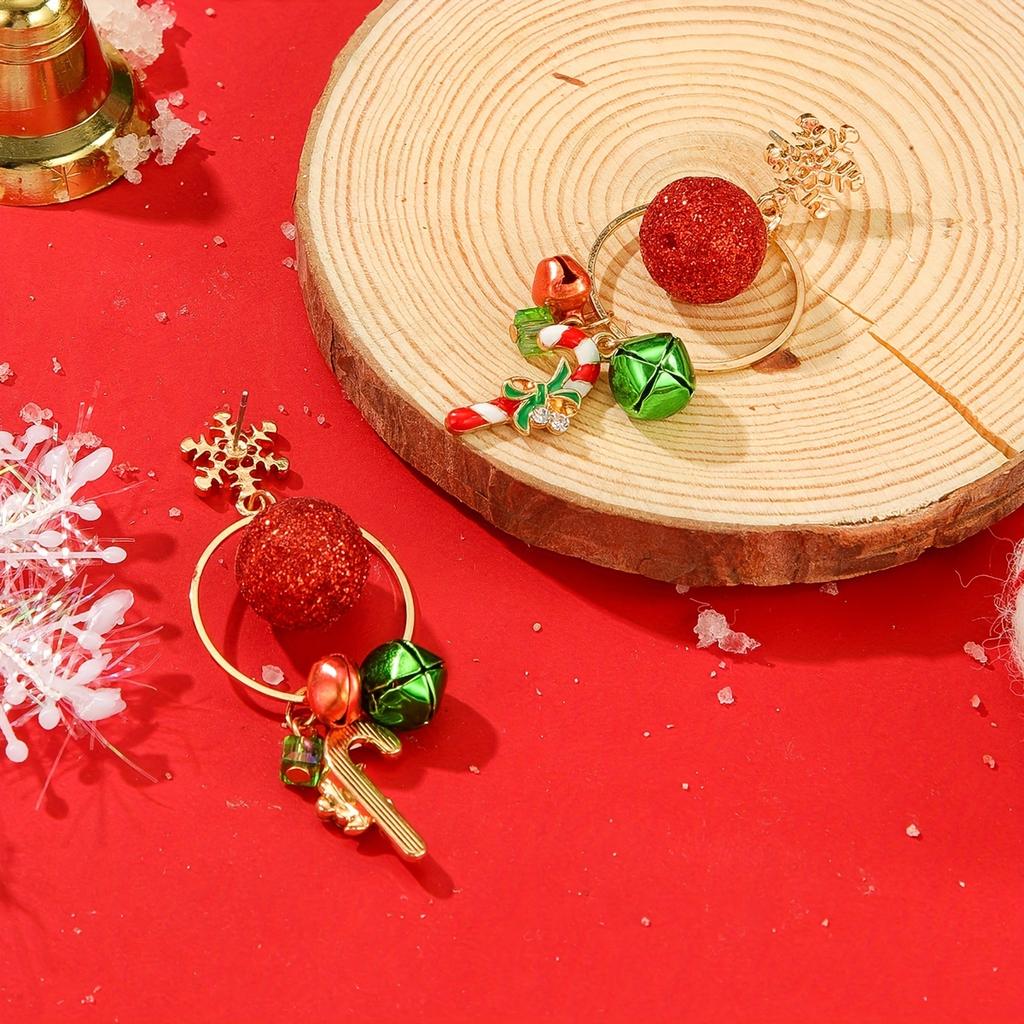 Charming Christmas Bell & Candy Cane Dangle Earrings - Sparkling Rhinestone, Zinc Alloy - Perfect Holiday Gift for Her